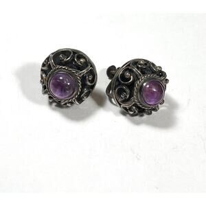 Vintage Sterling Silver Mexico Earrings Screw Backs Amethyst 9.62